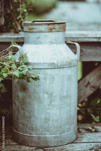 Close-up of a vintage rustic galvanized metal milk churn on weathered wooden steps on a summer day, Sweden