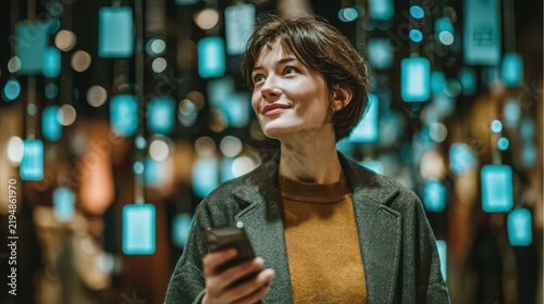 Young woman with short hair and coat using smartphone at city night market