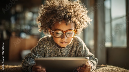 Young girl with glasses using tablet in cozy cafe setting