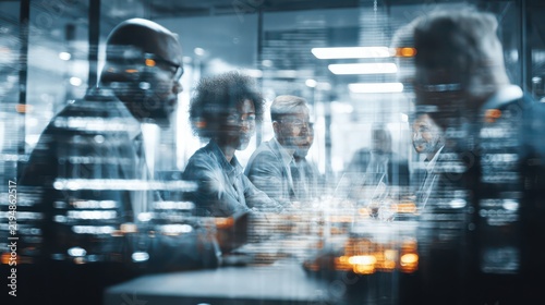 Business team discussing strategy in modern office with transparent glass walls
