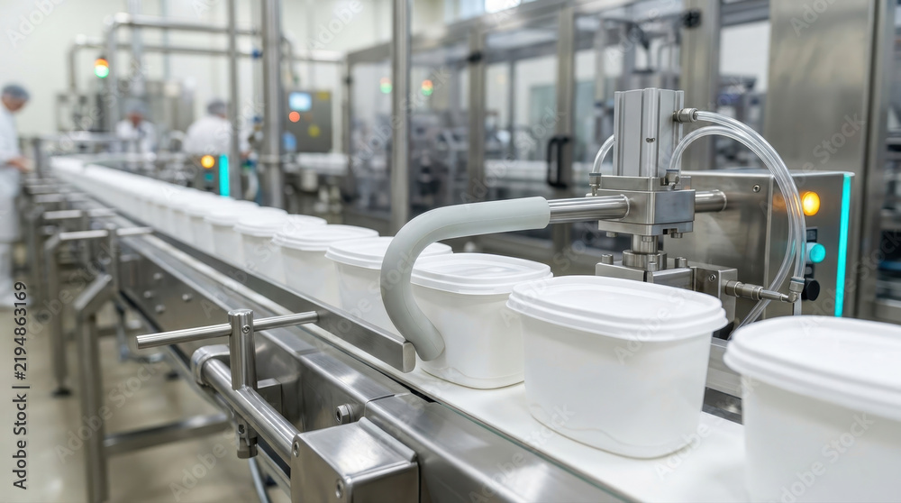 Fototapeta premium Automated plastic packaging production line in modern food factory