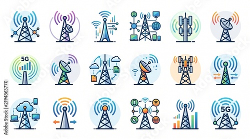 Sixteen colorful communication tower icons representing wireless connectivity, radio signals, and network transmission in modern technology style.