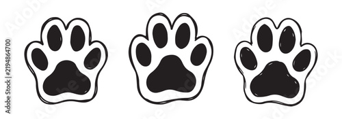 Black animal paw prints with sketchy border outlines for playful pet branding and stickers.