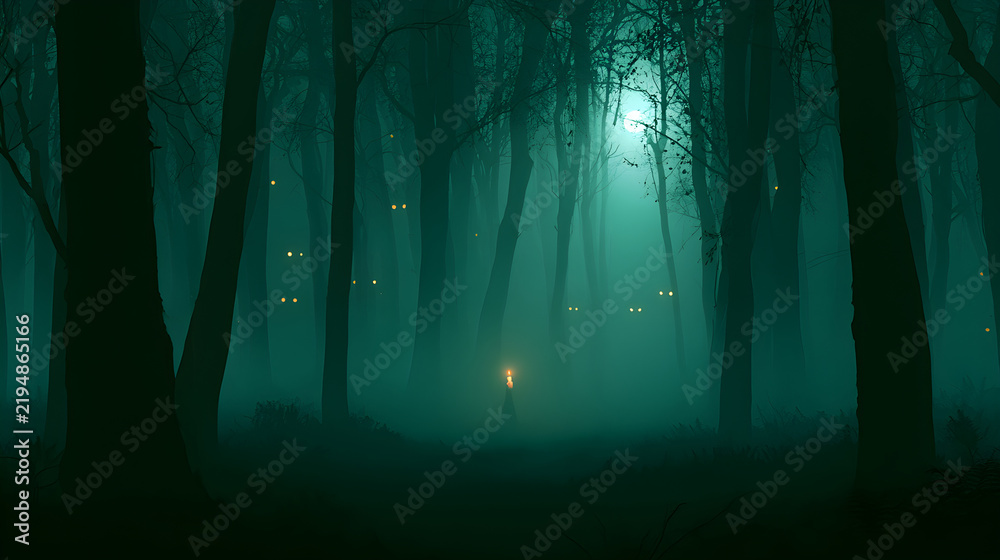 Obraz premium Halloween wallpaper, haunted forest with glowing eyes in the dark by a flickering candle glow, spooky moonlit glow, eerie green and black palette, digital painting style, soft eerie fog effect