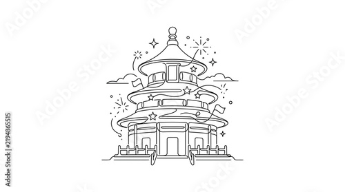 Minimalist Continuous Line Drawing of a Traditional Asian Pagoda with Festive Fireworks and Stars