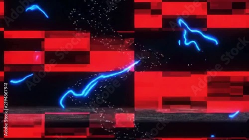 Abstract digital background with red and black glitch patterns and vibrant blue electric arcs