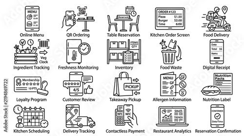Set of black and white line icons representing digital food service and restaurant technology management systems.