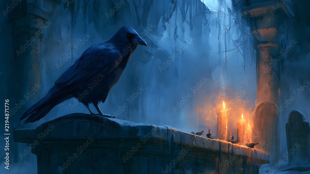 Obraz premium Halloween wallpaper, raven perched on a gravestone inside a dusty haunted hallway, creepy candlelit ambiance, moody dark blue and orange palette, watercolor illustration style, rich moody textures