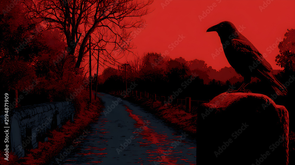 Obraz premium Halloween wallpaper, raven perched on a gravestone along a dark country road, gothic and mysterious charm, deep red and black tones, vintage horror poster style, crisp sharp focus