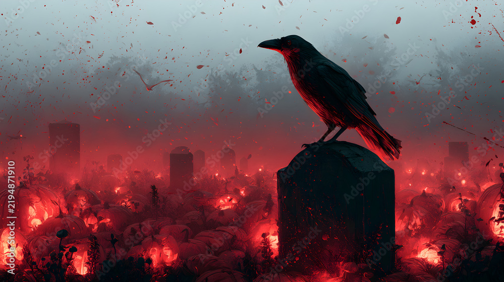 Obraz premium Halloween wallpaper, raven perched on a gravestone in a glowing jack-o-lantern field, ghostly cold mist in the air, blood red and charcoal palette, vintage horror poster style, ultra detailed