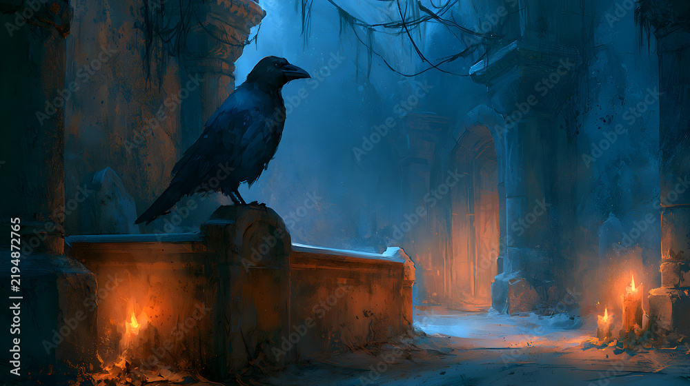 Obraz premium Halloween wallpaper, raven perched on a gravestone inside a dusty haunted hallway, creepy candlelit ambiance, moody dark blue and orange palette, watercolor illustration style, rich moody textures