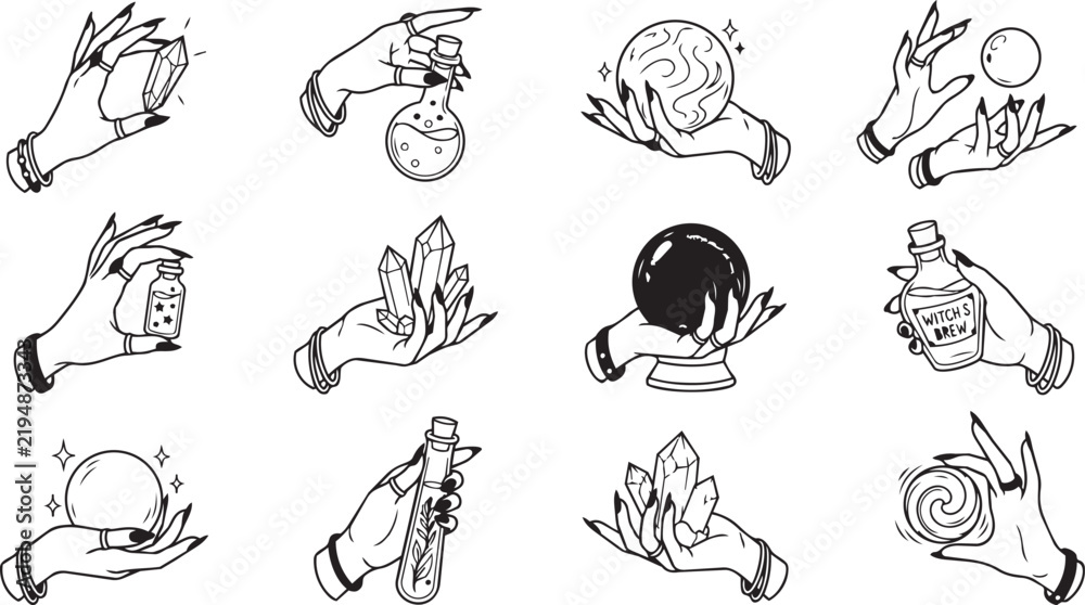 Obraz premium Witch hand collection with crystals, potions, and magic spheres