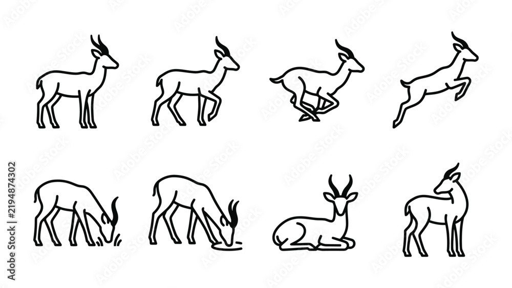Fototapeta premium Gazelle Icon Set: A collection of minimalist line art icons depicting a gazelle in various poses and activities, such as standing, walking, running, jumping, grazing, drinking, and resting.