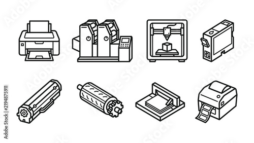 Printing Technology Icons: A collection of line art isometric icons representing various printing technologies, including inkjet printers, 3D printers, and ink cartridges.