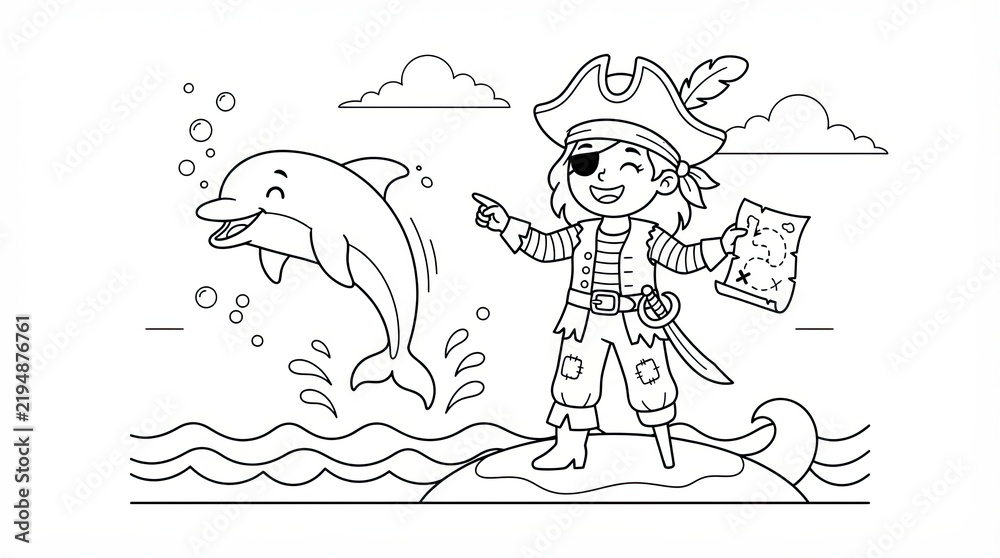 Naklejka premium Cute pirate child with a treasure map and a jumping dolphin for coloring page art