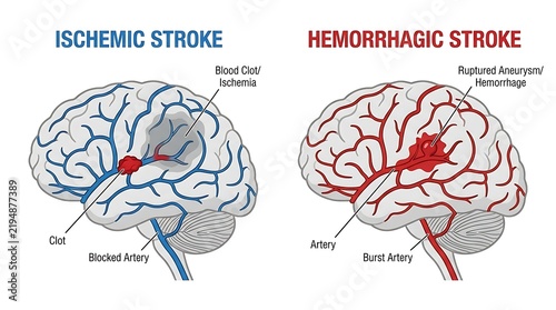 Brain stroke types comparison diagram detailing ischemic and hemorrhagic pathology for clinical neurological study guides