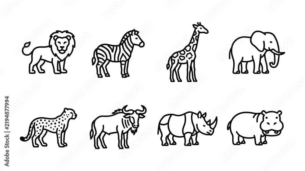 Obraz premium African Savanna Animals Icons: A collection of stylized black and white line art icons featuring iconic African savanna animals, including a lion, zebra, giraffe, elephant, cheetah, wildebeest.