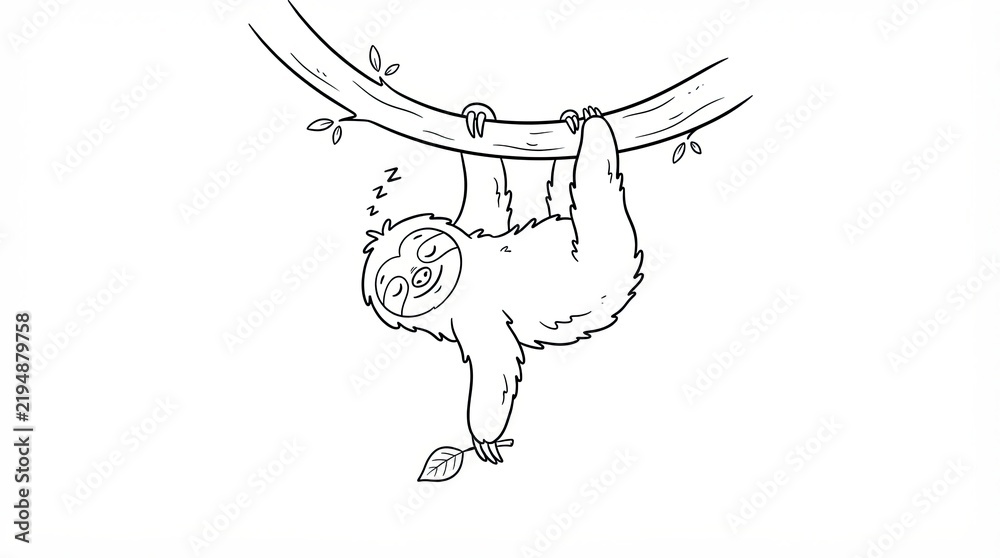 Fototapeta premium Cute cartoon sloth sleeping while hanging on a tree branch drawing