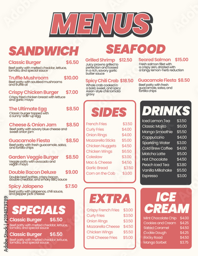 Vibrant restaurant menu template design featuring sandwich, seafood, sides, drinks, specials, and ice cream in red tone