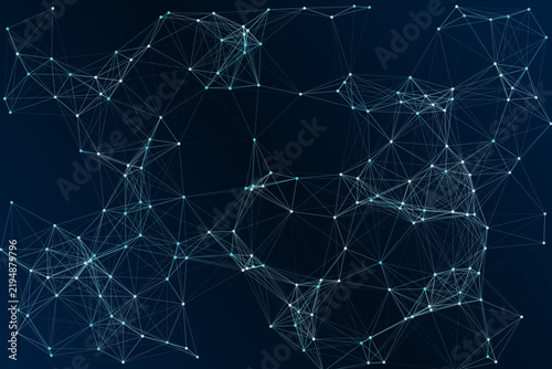 Abstract technological network of interconnected nodes and glowing lines on a dark blue background, symbolizing digital data flow and global communication systems
