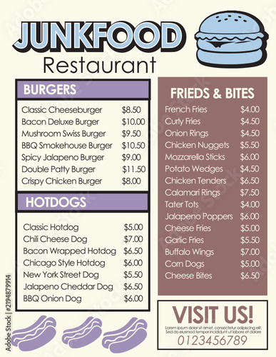 Vintage junk food and fast food restaurant menu template design with burgers, hotdogs, and sides