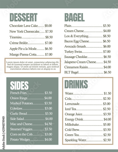 Modern minimalist restaurant menu template design for dessert, bagel, sides, and drinks