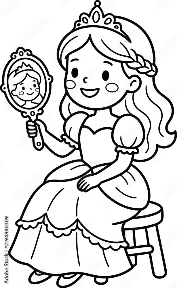 Fototapeta premium Cute princess looking in a mirror while sitting on a stool isolated on transparent background