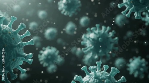 Microscopic 3D rendering of virus particles, resembling coronaviruses