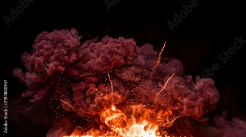 Fiery explosion with thick smoke amidst dark background. Intense and dramatic scene.