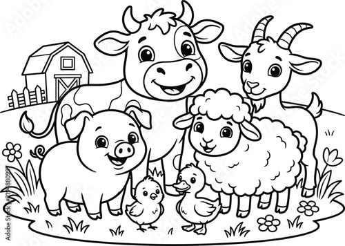 Obraz na płótnie Cute farm animals coloring page featuring a cow, pig, sheep, goat, and ducks