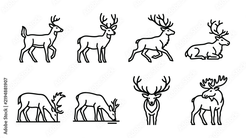Fototapeta premium Deer Set Icons: A collection of stylized line art icons depicting various poses and species of deer, including standing, running, and grazing, showcasing their majestic antlers.