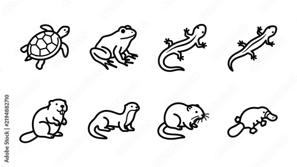 Obraz premium Collection of Diverse Amphibian and Reptile Icons: A set of clean, black and white line art illustrations featuring a turtle, frog, lizard, salamander, beaver, otter, muskrat, and platypus.