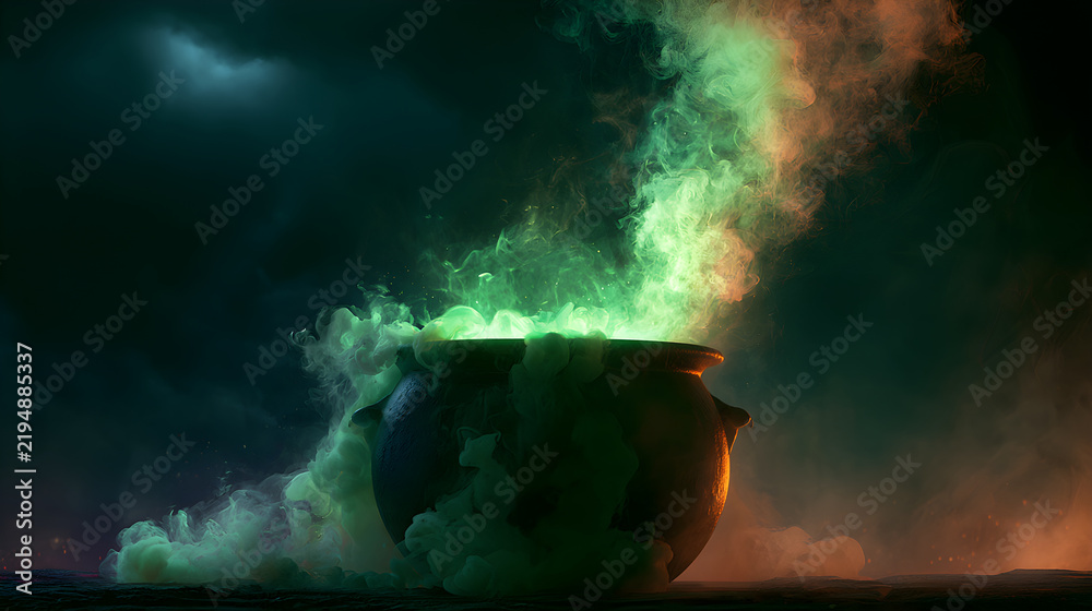 Obraz premium Halloween wallpaper, witch's cauldron bubbling with green smoke under a stormy night sky, dark and haunting feel, classic Halloween orange black purple palette, dark fantasy art style, high resolution