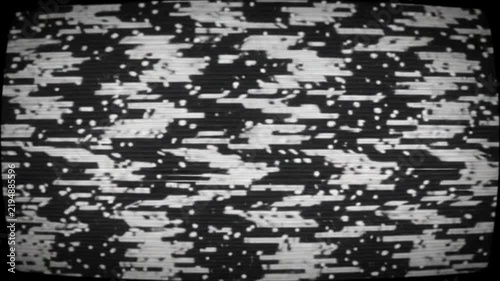 Black and white television static with horizontal lines and random white dots creating a classic analog signal interference pattern.
