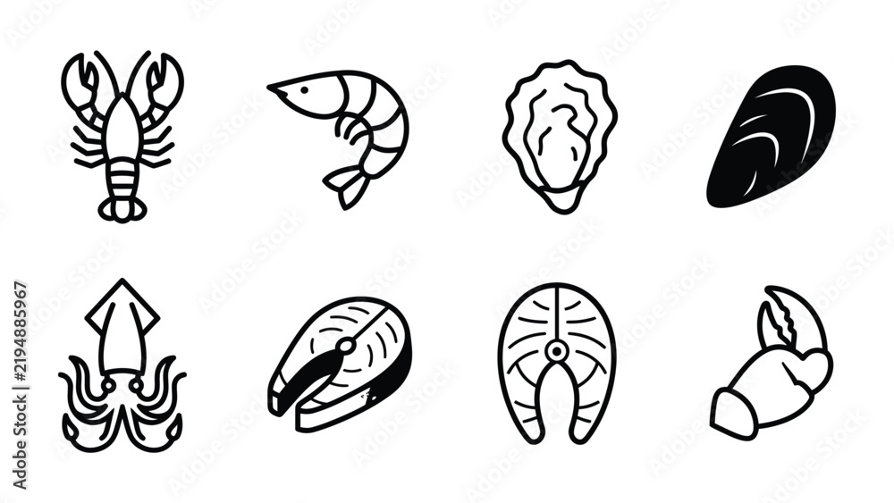 Obraz premium Seafood Collection Icons: A set of clean, minimalist line art icons depicting various popular seafood items, including lobster, shrimp, oyster, mussel, squid, and fish steaks.