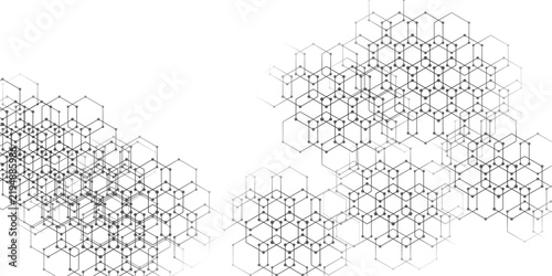 Abstract geometric patterns of interconnected hexagons forming a crystalline lattice structure, creating a visually intricate and modern design.