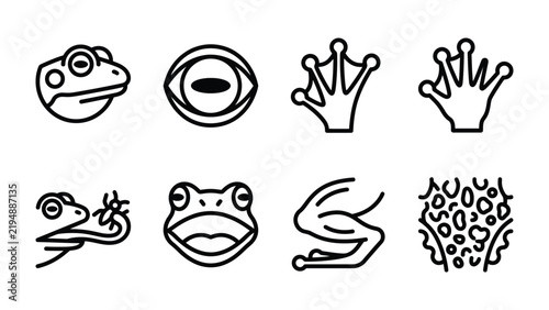 Frog Anatomy Icon Set: A collection of black and white line icons illustrating various aspects of a frog, including its head, eye, webbed feet, tongue, open mouth, leg, and skin texture.