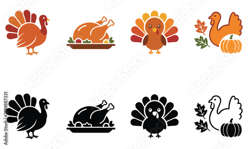 Autumn Harvest Turkey Symbols and Festive Food Icons