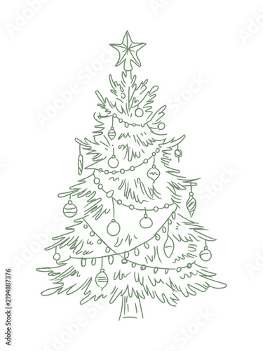 Hand drawn christmas tree sketch with ornaments and star topper, festive holiday line art illustration
