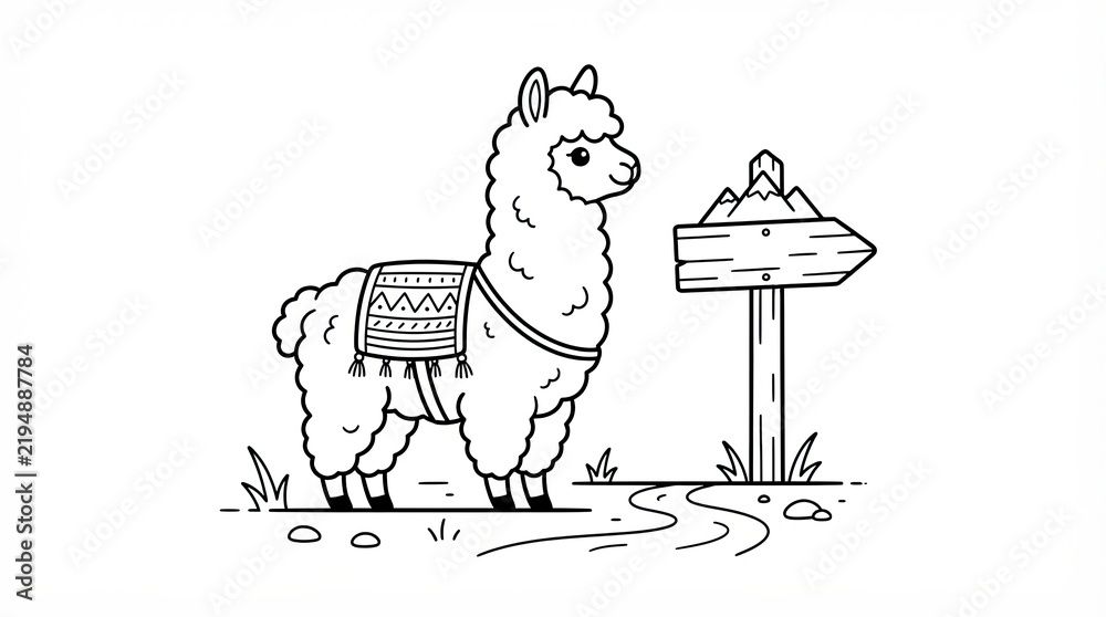 Obraz premium Cute llama standing next to a mountain wooden signpost in a simple line drawing style