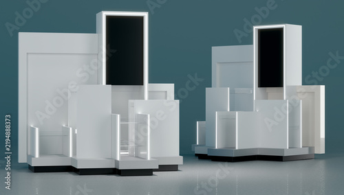 Hi-tech style white exhibition stand mockup with a built-in black screen and integrated LED lighting. 3d illustration on blue green background