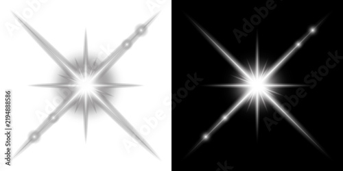 White Star Flare Light Effect Isolated on Transparent and Black Background