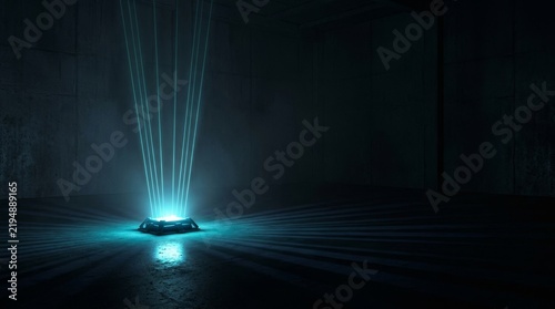 Bright blue light beams emanate from a device in a dark room, creating a sci-fi ambiance.