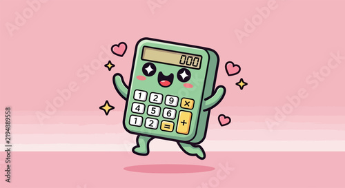 Smiling green calculator mascot with floating hearts