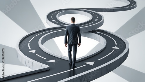 Man walking on looping path illusion, business complexity challenges right direction, 3d render