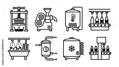 Food Production Icons: A set of clean line art icons illustrating various stages of food and beverage production, from pressing and mixing to bottling and packaging.