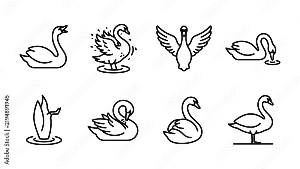 Obraz premium Swan Icon Set: A collection of minimalist black and white line art icons depicting swans in various elegant poses and activities on water and land.