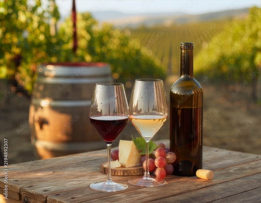 Fototapeta premium Red and White Wine Tasting in a Sunlit Vineyard.