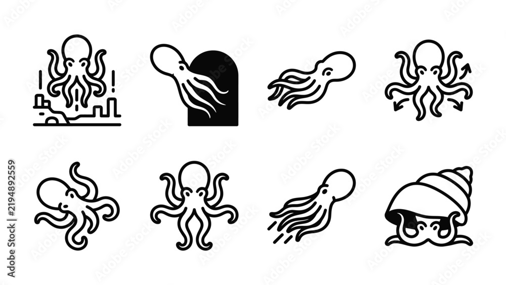 Obraz premium Octopus Icon Set: A collection of stylized line art icons depicting octopuses in various dynamic poses and settings, showcasing their unique features and aquatic environment.