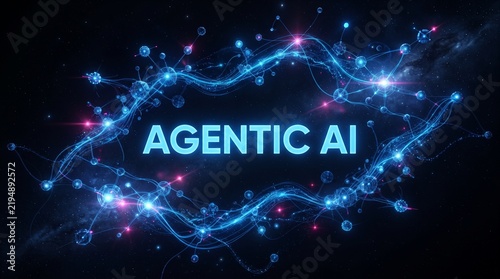 Agentic AI text surrounded by a glowing blue digital neural network frame on a dark background